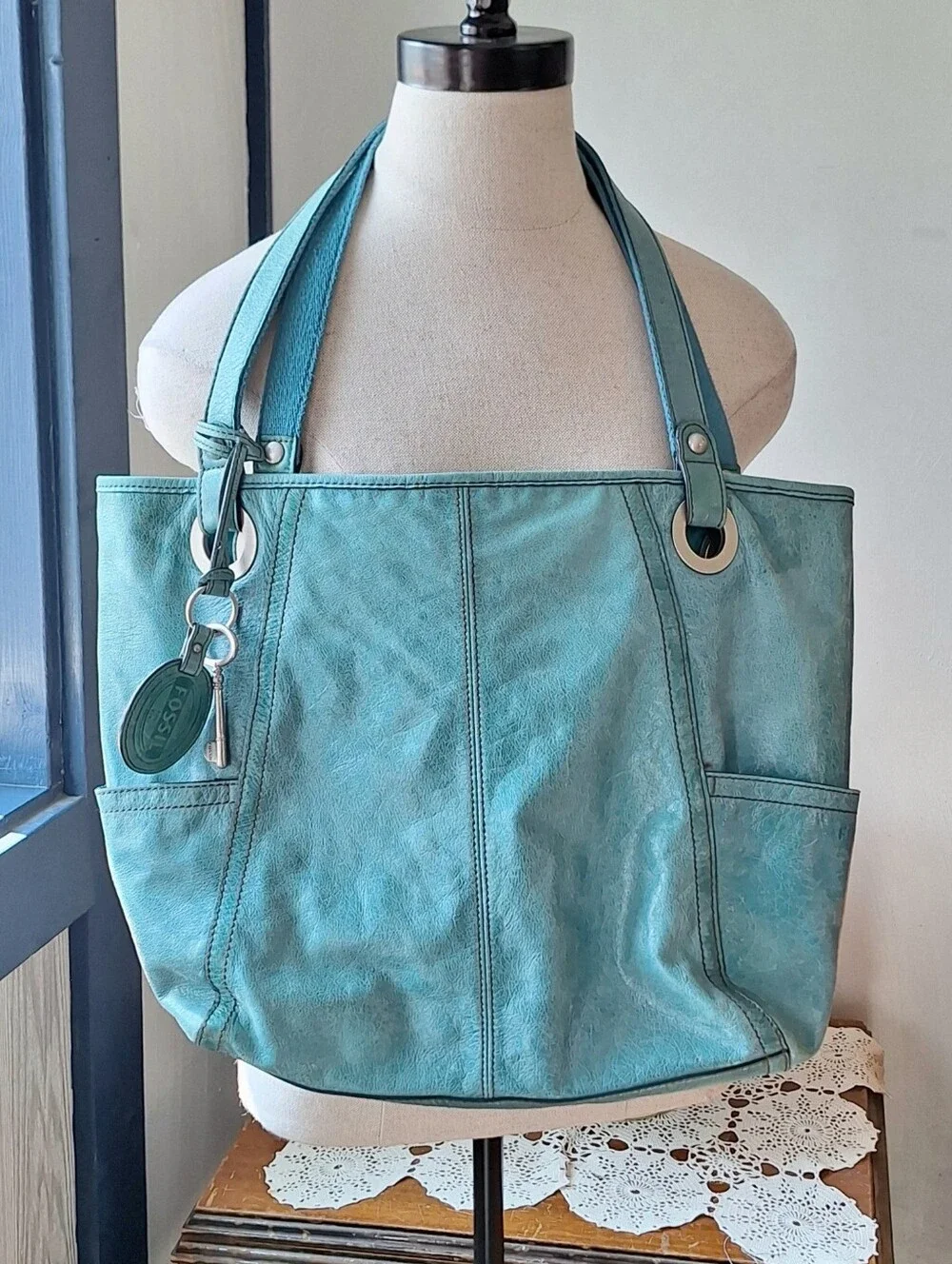 Fossil Hathaway Light Teal Leather Shoulder Tote Bag - Picture 1 of 13